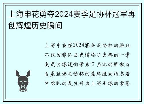 上海申花勇夺2024赛季足协杯冠军再创辉煌历史瞬间 上海申花勇夺2024赛季足协杯冠军再创辉煌历史瞬间
